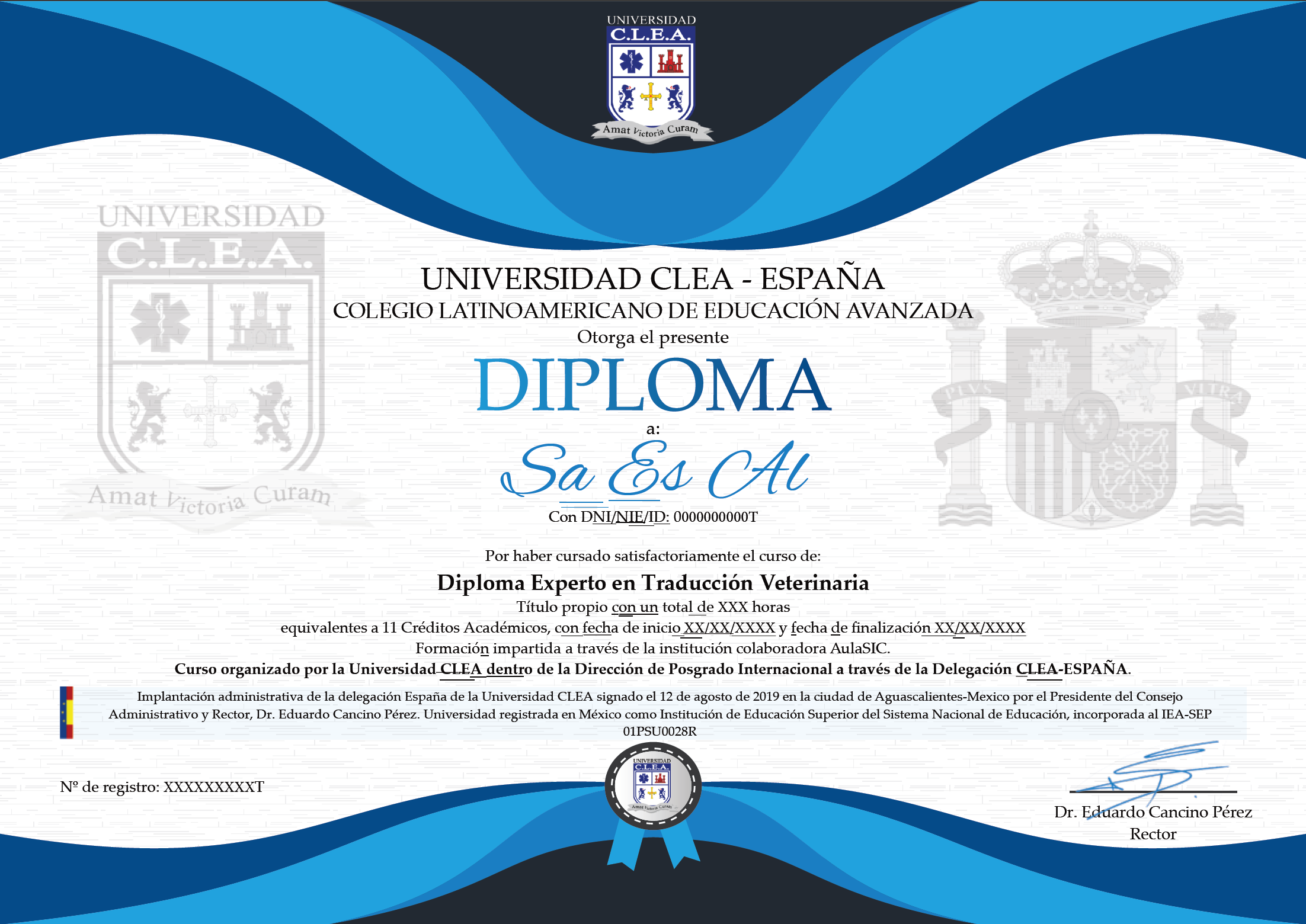 Modelo del diploma expedido por la Universidad CLEA - España para las titulaciones de AulaSic